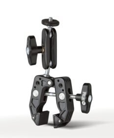 360° super clamp mount with double ballhead magic arm featuring non-slip rubber grip and universal 1/4-inch threaded camera mount