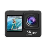 5K Ultra HD sports action camera with touchscreen display, wide-angle lens, and WiFi in black