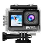 Front view of a black 6K action camera inside a clear waterproof protective case, featuring a front-facing color display showing a snowboarder and a high-definition lens.