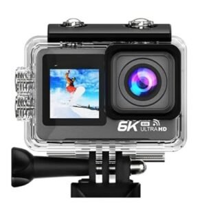 Front view of a black 6K action camera inside a clear waterproof protective case, featuring a front-facing color display showing a snowboarder and a high-definition lens.