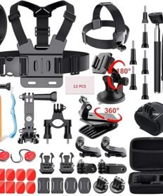ADOFYS 49-in-1 action camera accessory kit including chest mount, head strap, wrist strap, suction cup, extension pole, mounts, screws, and carrying case