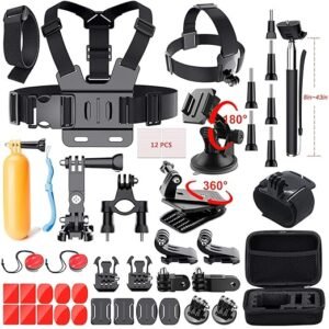 ADOFYS 49-in-1 action camera accessory kit including chest mount, head strap, wrist strap, suction cup, extension pole, mounts, screws, and carrying case