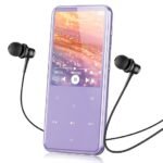 Purple AGPTEK M3 MP3 player with 2.4-inch screen and touch buttons, shown with wired earphones connected.