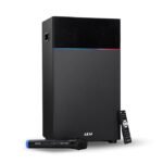 "AKAI 80W portable Bluetooth speaker with LED light strip, wireless microphone, and remote control."