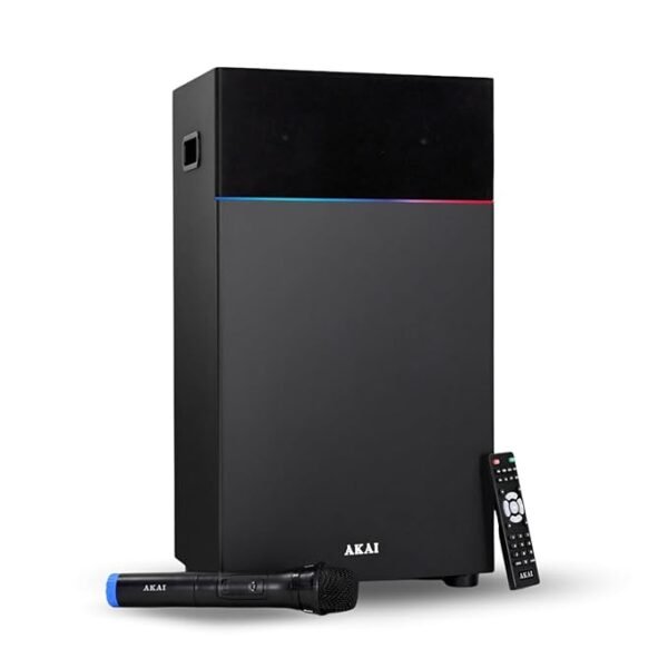 "AKAI 80W portable Bluetooth speaker with LED light strip, wireless microphone, and remote control."