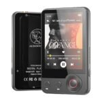 Grey AUDIOCULAR M71 MP3 music player with 2.4-inch touch screen displaying music playback, shown from front and back views.