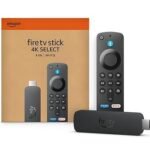 "Amazon Fire TV Stick 4K Select streaming device with its remote and packaging box displayed together."