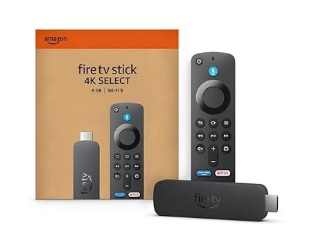 Amazon Fire TV Stick 4K Select (newest model), start streaming in 4K, Alexa voice search, stream lakhs of movies & episodes, free and live TV "Amazon Fire TV Stick 4K Select streaming device with its remote and packaging box displayed together."