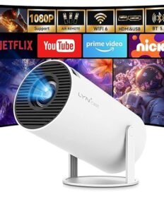 White Android TV mini projector with rotatable stand, front lens projection, and on-screen icons showing 1080P support, Wi-Fi 6, Bluetooth 5.0, HDMI/USB, Netflix, YouTube, Prime Video, and Nick.