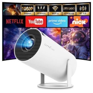 White Android TV mini projector with rotatable stand, front lens projection, and on-screen icons showing 1080P support, Wi-Fi 6, Bluetooth 5.0, HDMI/USB, Netflix, YouTube, Prime Video, and Nick.