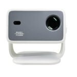 A close-up, front-facing view of a small, modern, white and gray portable projector labeled "PIXEL POWER" on a simple white stand/base.