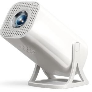 Big home theater LED projector in white with a compact cylindrical body, front lens grille, and angled stand for flexible projection.