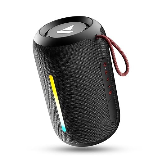 boAt Stone 352 Pro Portable Bluetooth Speaker with RGB Lights A black cylindrical boAt portable Bluetooth speaker with a fabric texture, RGB light strip, control buttons on the side, and a red carrying loop.