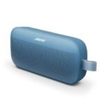 Bose SoundLink Flex Portable Bluetooth Speaker in a blue-grey color, showing the grille and fabric loop.