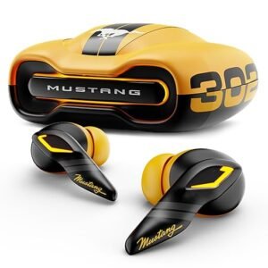 Yellow and black Boult GOBOULT (Mustang Torq) wireless earbuds with a car-themed charging case featuring Mustang branding and “302” design elements.