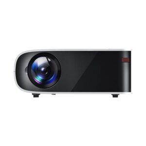 A close-up, front-facing view of a CLEGO Native 1080p Full HD Android Projector, featuring a large, central lens with reflective coatings and a sleek, black and white housing.
