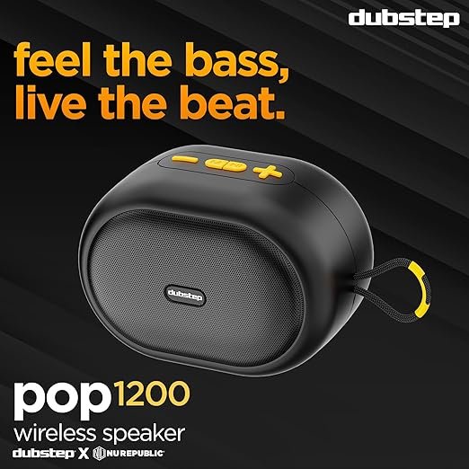 Dubstep Pop 1200 Wireless Speaker - Feel the Bass, Live the Beat Dubstep Pop 1200 wireless speaker in black with yellow buttons and carrying loop, with text "feel the bass, live the beat.