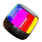 Portable black wireless Bluetooth speaker with multicolor RGB lights and control buttons on the front.