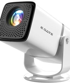 E GATE Atom 3X projector with rotatable stand, compact white body, front lens with multi-color reflection, designed for home entertainment.