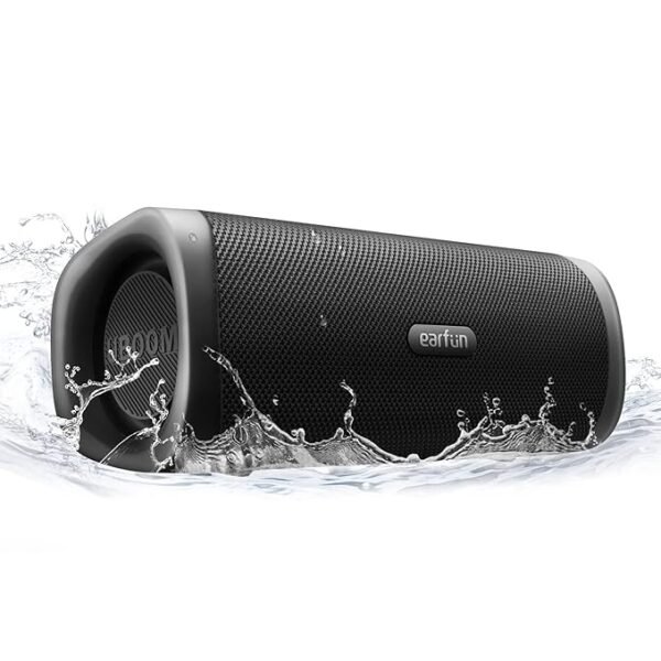 A black EarFun UBOOM L portable Bluetooth speaker splashing in water, highlighting its waterproof IP67 design and rugged build.