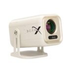 A white, compact portable projector with the "BEAM X" logo on the side, a large lens, and a display reading "FULL HD 1080 X 1920" at the bottom right. The projector is mounted on an integrated, adjustable stand.