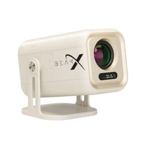 A white, compact portable projector with the "BEAM X" logo on the side, a large lens, and a display reading "FULL HD 1080 X 1920" at the bottom right. The projector is mounted on an integrated, adjustable stand.