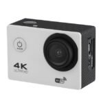 Exxelo 4K Ultra HD Action Camera in white and black with a wide-angle lens, featuring a power/mode button, Wi-Fi logo, and side ports for Micro SD, USB, and HDMI.