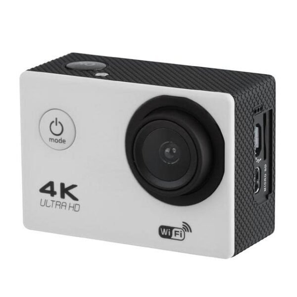 Exxelo 4K Ultra HD Action Camera – 30fps Sports Cam with Wi-Fi & 15-Year Special Warranty Exxelo 4K Ultra HD Action Camera in white and black with a wide-angle lens, featuring a power/mode button, Wi-Fi logo, and side ports for Micro SD, USB, and HDMI.