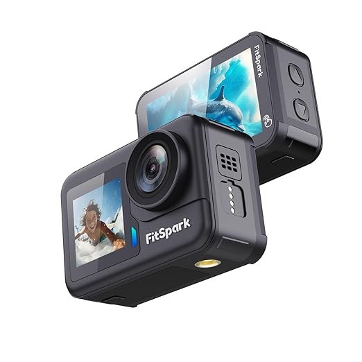 FitSpark Dolphin 4K Dual Screen Action Camera with External Mic Support & Waterproof Case FitSpark Dolphin dual-screen action camera in black, featuring a front-facing selfie screen, large rear touchscreen, and wide-angle lens for vlogging and underwater photography.