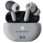 A pair of Goboult W40 True Wireless earbuds in an ivory white and dark gray color scheme, resting upright in their open charging case. The case is light gray/ivory white with the "GOBOULT" brand name and logo visible below an illuminated circular LED indicator. The earbuds feature a stem design.