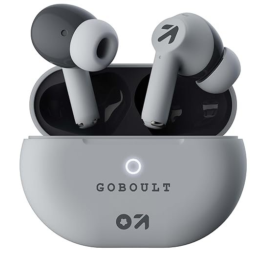 GOBOULT W40 with 4 Mic ENC, 48H Battery Life, Low Latency Gaming, 5.3v Bluetooth (Ivory White, True Wireless) A pair of Goboult W40 True Wireless earbuds in an ivory white and dark gray color scheme, resting upright in their open charging case. The case is light gray/ivory white with the "GOBOULT" brand name and logo visible below an illuminated circular LED indicator. The earbuds feature a stem design.