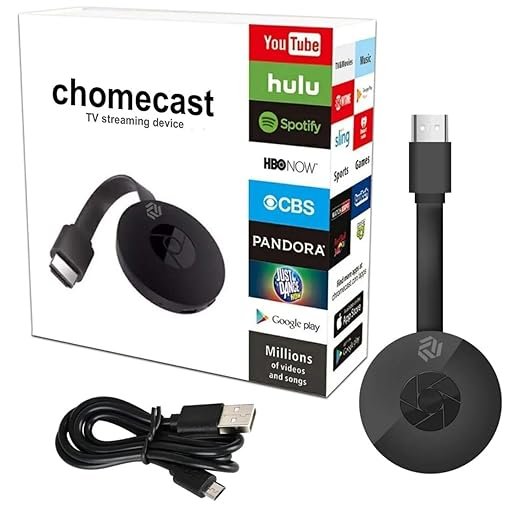 Chomecast 4K TV Streaming Device – WiFi HDMI Media Player A black TV streaming device with an HDMI connector and USB cable placed beside its packaging box. The box shows multiple streaming platform logos like YouTube, Hulu, Netflix, and others, and has the text “chomecast TV streaming device” printed on it.