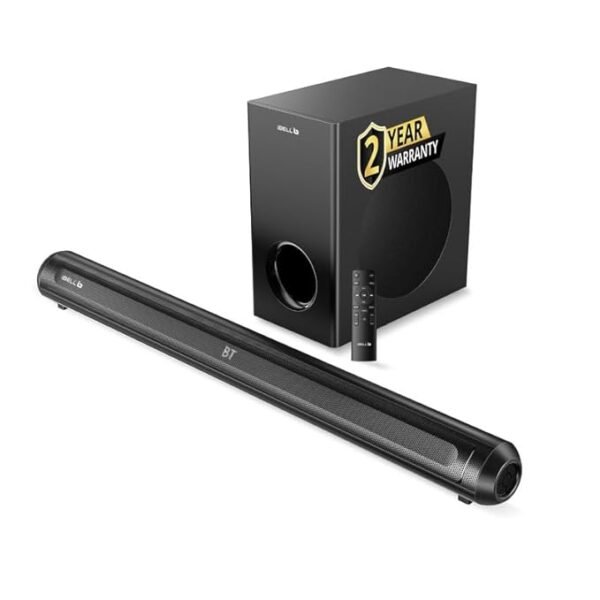 IBELL SONIC120 black Bluetooth soundbar with external woofer, remote control, and 2-year warranty badge displayed.