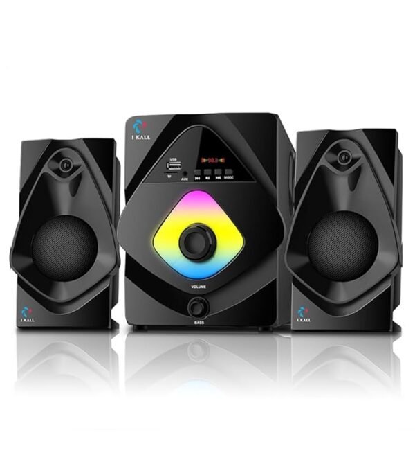 IKALL IK25 40W 2.1 Channel Home Theatre System with Bluetooth, USB, AUX & FM Support – Powerful Bass Sound (Black) A black IKALL IK25 2.1 channel home theatre system. The setup includes a central subwoofer unit and two satellite speakers. The subwoofer features a front panel with an LED display, USB, TF card, and AUX inputs, and a large, colorful RGB light-up volume control knob. It also has separate knobs for volume and bass control at the bottom. The satellite speakers have a distinctive angular, black glossy design.