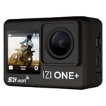 IZI ONE Plus 5K action camera with wide-angle lens, touchscreen display, and Wi-Fi in black