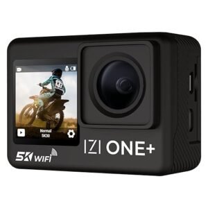 IZI ONE Plus 5K action camera with wide-angle lens, touchscreen display, and Wi-Fi in black