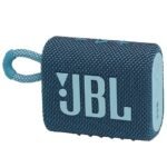 A compact blue JBL Go 3 portable Bluetooth speaker with a rugged fabric design, loop strap, and large JBL logo on the side.