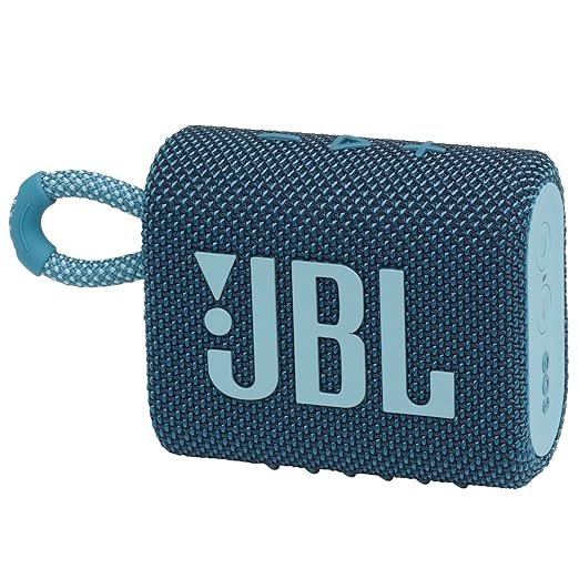 A compact blue JBL Go 3 portable Bluetooth speaker with a rugged fabric design, loop strap, and large JBL logo on the side.