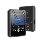 Black M51 portable MP3 player with 2.4-inch touch screen displaying music playback, shown from front and back views.