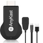 A black AnyKast M9 Plus Wi-Fi display dongle with an HDMI connector, shown alongside its USB power cable and Wi-Fi antenna cable.