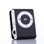 Compact mini metal MP3 player with back clip and circular control buttons, shown in black with side power switch and earphone jack.