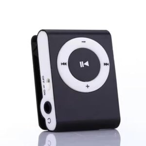 Compact mini metal MP3 player with back clip and circular control buttons, shown in black with side power switch and earphone jack.