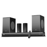 "Premium 5.2-channel Mivi home theatre system with soundbar, dual subwoofers, two satellite speakers, and remote control."