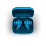 “Blue Motorola Moto Buds Bass true wireless earbuds placed inside an open matching blue charging case.”