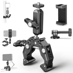 A professional product photography shot of a NEEWER Super Clamp with a double ball head magic arm. The image includes a phone holder and an action camera mount adapter, with inset graphics demonstrating the clamp attached to poles and holding devices like smartphones and LED lights.