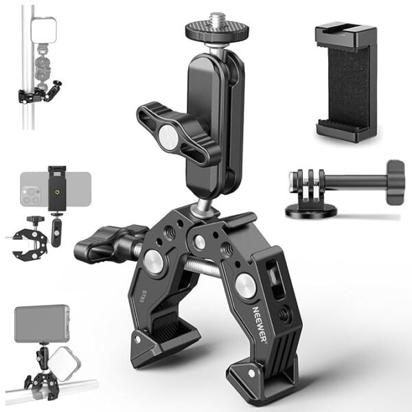 A professional product photography shot of a NEEWER Super Clamp with a double ball head magic arm. The image includes a phone holder and an action camera mount adapter, with inset graphics demonstrating the clamp attached to poles and holding devices like smartphones and LED lights.