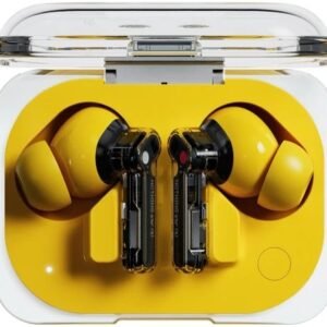 “Nothing Ear (a) 2024 true wireless earbuds in a transparent charging case with bright yellow interior.”