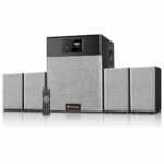 "OBAGE Classic-6 4.1 Home Theatre System with subwoofer, four satellite speakers, and remote control in grey and black finish."