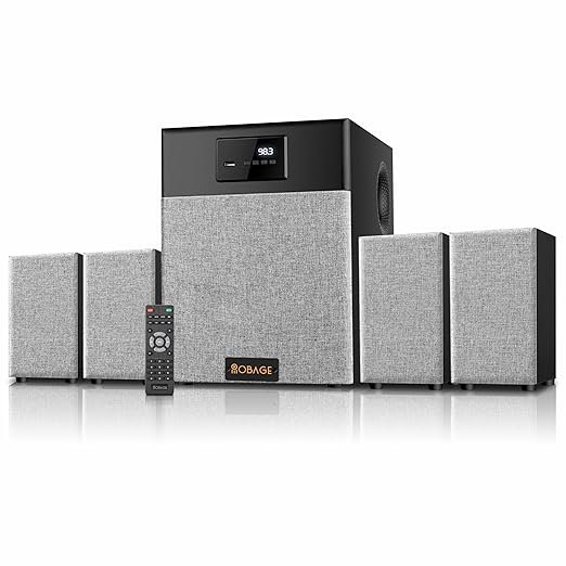 OBAGE Classic-6 4.1 Home Theatre System – 120W Surround Sound with HDMI ARC & Bluetooth 5.3 "OBAGE Classic-6 4.1 Home Theatre System with subwoofer, four satellite speakers, and remote control in grey and black finish."