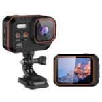 A rugged black and orange ORLOV 4K action camera shown from two angles: the front view mounted on a swivel base featuring the lens and power/SOS buttons, and the back view displaying a large, clear color LCD screen showing a mountain landscape.